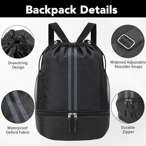 Pimoys Drawstring Backpack Gym Bag, Waterproof String Backpack with Side Mesh Pockets, Beach Bag for Basketball, Soccer, Swim, Wrestling Bag for Women Men