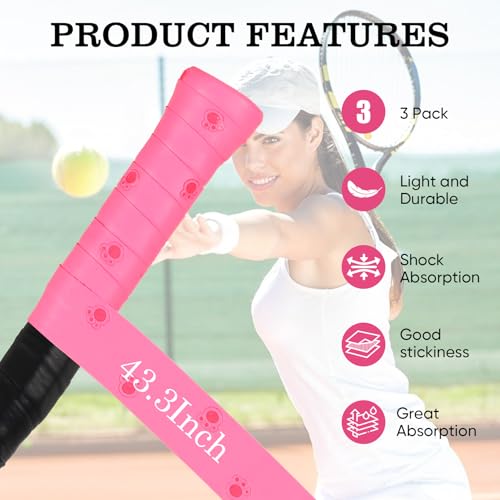 Tennis Racket Grip Tape, Ultra Thin Tacky Tennis Overgrip for Sweat Absorption & Control – Durable Anti-Slip Replacement Grip for Tennis, Badminton & Pickleball (3 Pack) - color: CAT HOT PINK