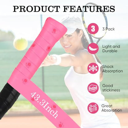 Tennis Racket Grip Tape, Ultra Thin Tacky Tennis Overgrip for Sweat Absorption & Control – Durable Anti-Slip Replacement Grip for Tennis, Badminton & Pickleball (3 Pack) - color: CAT HOT PINK