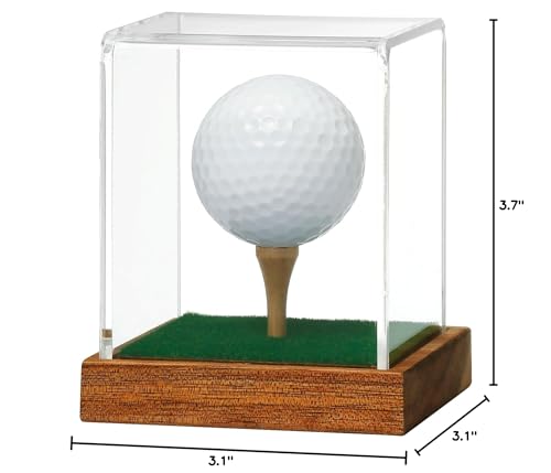 JupDec Golf Ball Display Case Clear Acrylic Memorabilia Stand Cube Holder with Wood Base & Tee, Dust Protection Transparent Storage Box for Single Ball Souvenir Golfball Collections, Brown, 1 Pack - size: 1 Pack