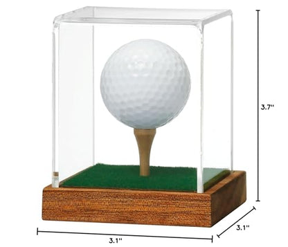 JupDec Golf Ball Display Case Clear Acrylic Memorabilia Stand Cube Holder with Wood Base & Tee, Dust Protection Transparent Storage Box for Single Ball Souvenir Golfball Collections, Brown, 1 Pack - size: 1 Pack