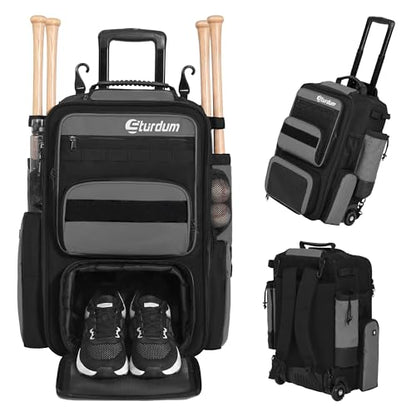 Rolling Baseball Bag with Wheels, 70L Large Capacity Baseball Backpack with Hidden Shoulder Strap, Sturdy Softball Bag with Multi-Pockets, Shoe Compartment, Fence Hooks for Players, Coaches - color: Grey
