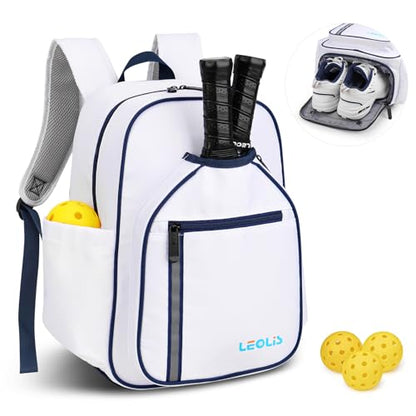 Pickleball Backpack, 30L Pickleball Bag Waterproof Large 3-Racket Tennis Sports Bag with Shoe Compartment & Insulated Pocket, Paddle Holder, Premium Sturdy Durable Bag for Men & Women (White)