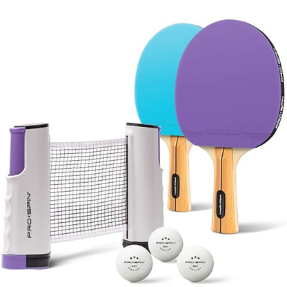 PRO-SPIN Portable Ping Pong Set with Retractable Ping Pong Net for Any Table, All-in-One Table Tennis Set with Ping Pong Paddles, Balls & Case, Table Top Family Game - color: 2-Player Set | Purple/Blue