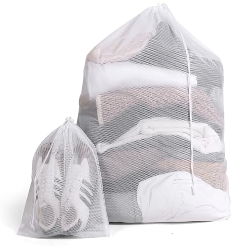 2 Pack Mesh Laundry Bags - Large & Small Heavy Duty Mesh Laundry Bag with Drawstring, Wash Bags for Travel, College, Dorms, Sports, Family, White - color: white