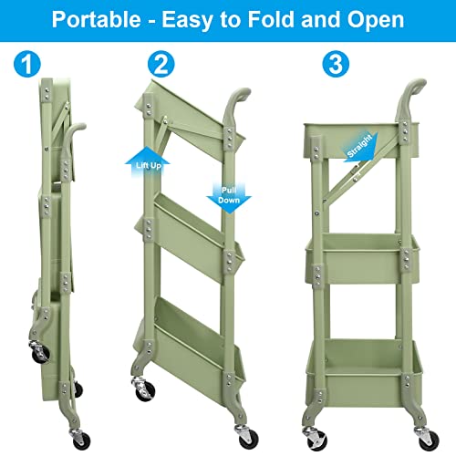 Foldable 3 Tier Rolling Cart, Metal Utility Cart, Folding Mobile Multi-Function Storage Trolley Organizer Cart for Home Library Office(Green) - color: Green