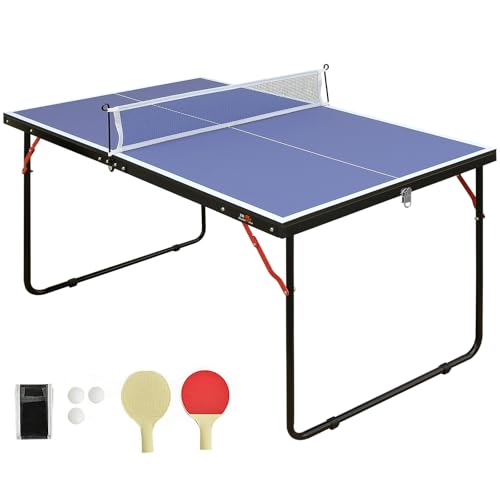 4.5ft Foldable Table Tennis Table Set with Steel Frame, Quick Assembly 54''X30'' Stable Ping Pong Table with Net, 2 Paddles & 3 Balls for Indoor Outdoor Family Game for Adults/Teens, Blue