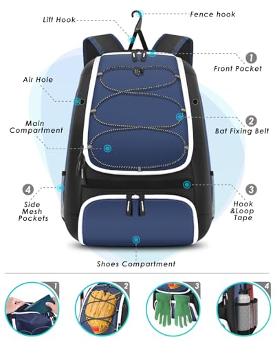 BROTOU Baseball Bag, Softball Bag for Baseballgear & T-Ball Bat, Baseball Backpack with Shoes Compartment for Men/Women - color: Blue