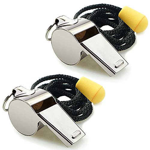 Whistle, 2 Pack Stainless Steel Sports Whistles with Lanyard, Loud Crisp Sound Whistles Great for Coaches, Referees, and Officials