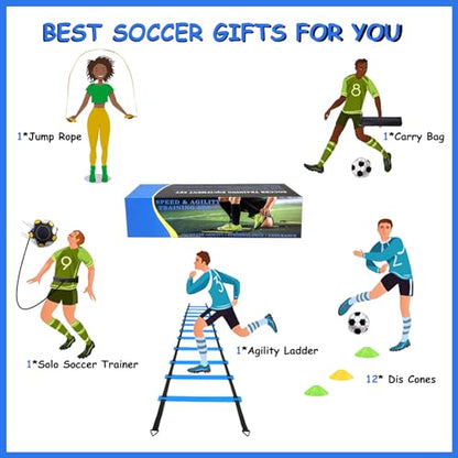 Soccer Agility Training Equipment Set, Soccer Accessories 12 Rung 20Ft Agility Ladder, 12 Disc Cones, Solo Soccer Trainer, Jump Rope - Speed Training Equipment Gifts for boy