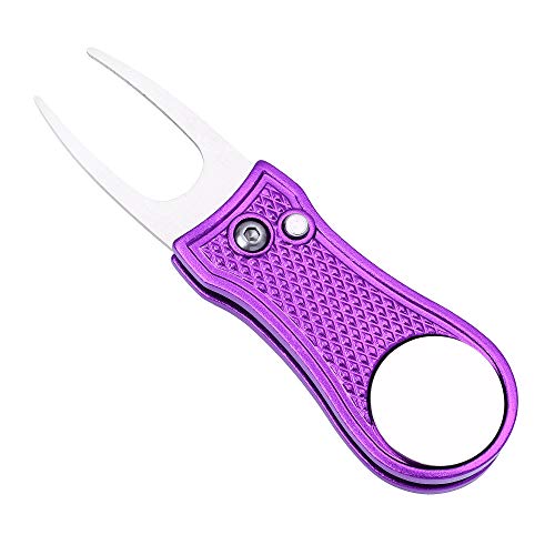 Mile High Life Golf Divot Repair Tool, All Metal Foldable Divot Tool with Pop-up Button & Magnetic Ball Marker - color: Purple Bone