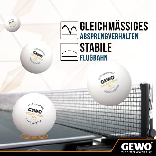 GEWO Tischtennisbälle Select PRO - 3 Sterne Tischtennis-Ball aus Plastik 40+ mit Naht - ITTF-zertifizierte Wettkampf Bälle - hochwertige Profi-Tischtennisbälle weiß, 40+mm Durchmesser