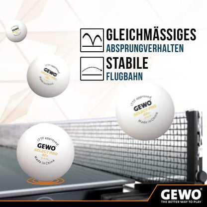 GEWO Tischtennisbälle Select PRO - 3 Sterne Tischtennis-Ball aus Plastik 40+ mit Naht - ITTF-zertifizierte Wettkampf Bälle - hochwertige Profi-Tischtennisbälle weiß, 40+mm Durchmesser