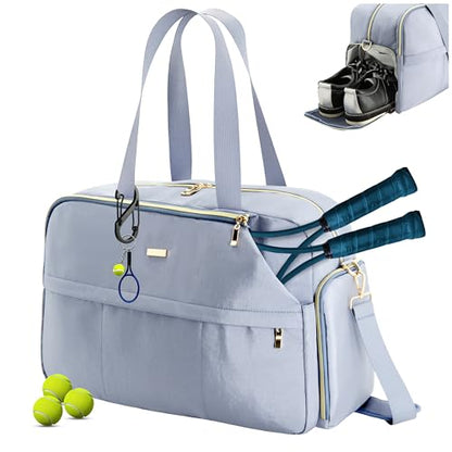Tennis Bag for Women with Shoe Compartment, Large Tennis Racket Bag Fits 2 Racquets, Pickleball Gym Sports Tote with Shoulder Strap & Water Bottle Pocket - color: Blue