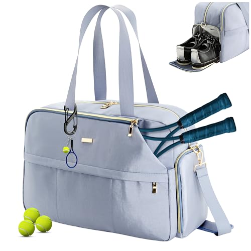 Tennis Bag for Women with Shoe Compartment, Large Tennis Racket Bag Fits 2 Racquets, Pickleball Gym Sports Tote with Shoulder Strap & Water Bottle Pocket - color: Blue