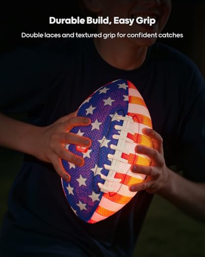 QPAU Glow in the Dark Football – Size 3 for Kids Ages 6-12, Strong Grip Light Up Night Game Ball, Backyard Camping Outdoor Toy, Pump and Batteries Included, Birthday for Boys Girls