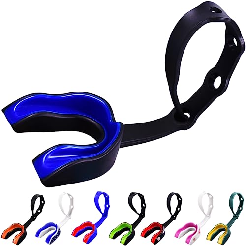 Oral Mart Strapped Mouth Guard for Football, Lacrosse, Ice Hockey, Taekwondo (USA Flag, Fangs, 15+ Colors to Choose from) - Sports Mouthguard with Fixed Strap (Strapped, Youth or Adult) - color: Royal Blue, size: Youth (Age 12 & Below)