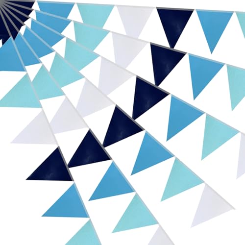 64ft Blue Light Blue White Triangle Pennant Banner Flag Metallic Paper Bunting Garland for Hanging Backdrop Birthday Decorations Graduation Nautical Ahoy Achor Bridal Airplane Marine Party Supplies - color: Blue Light Blue White