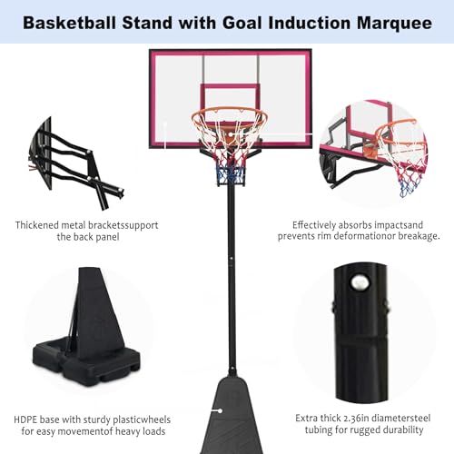 44 Inch Portable Basketball Hoop Outdoor, 8ft-10ft Height Adjustable Basketball Goal System with Shatterproof PVC Backboard & Dunkable Spring Rim, 165lbs Stable Base with Wheels for Driveway
