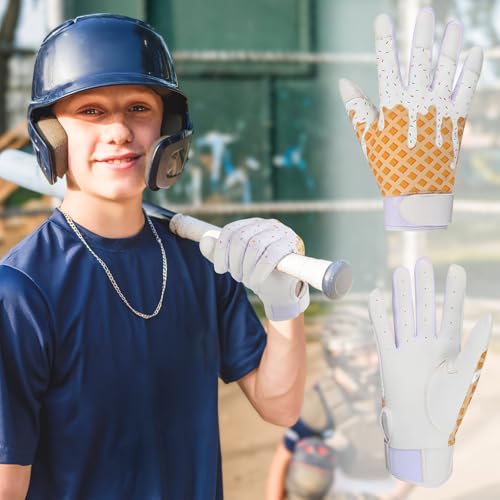 JenPen 1 Pair Youth Ice Cream Drip Batting Gloves 6 Inch Baseball Batting Gloves Long Cuff Leather Ice Cream Drip Pattern Mitt Grip Finger for Softball Teeball Baseball Kids Youth Boys - color: White, size: M Size