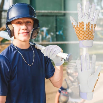 JenPen 1 Pair Youth Ice Cream Drip Batting Gloves 6 Inch Baseball Batting Gloves Long Cuff Leather Ice Cream Drip Pattern Mitt Grip Finger for Softball Teeball Baseball Kids Youth Boys - color: White, size: M Size