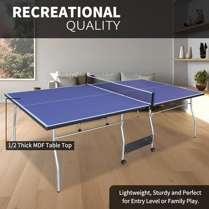 Compact Ping Pong Table, 8ft Mid-Size Indoor/Outdoor Table Tennis Game Set, Foldable, Portable Table Tennis Table with Net, 2 Table Tennis Paddles and 3 Balls, Blue