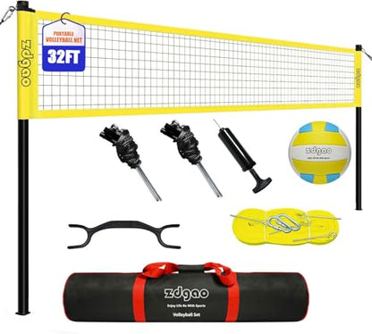 Volleyball Net Outdoor - Portable Volleyball Set for Backyard with Professional Volleyball Net, Wrap Yarn Volleyball and Pump, Boundary Line, Carry Bag - style: Basic-32FT(Yellow)