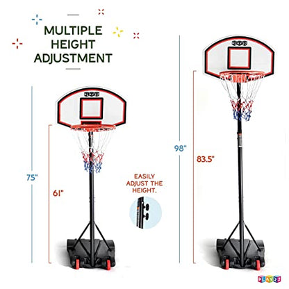 Play22 Kids Adjustable Basketball Hoop Height 5-7 FT - Portable Basketball Goals for Kids Teenagers Youth and Adults with Stand & Backboard Wheels Fillable Base - Great Indoor Outdoor Play