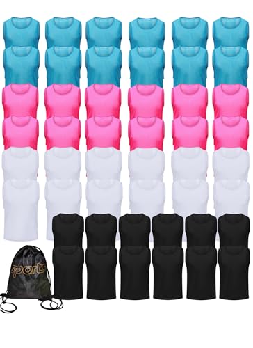 12/24/48PCS Pinnies Youth Team Pennies for Sports Kids and Scrimmage Vests for Soccer Basketball Jersey Practice - color: Pink+skyblue+black+white, size: L(For Adults)