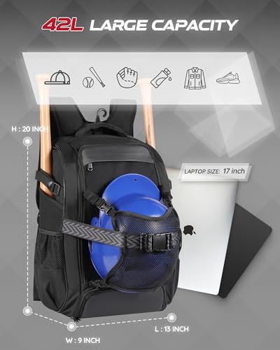 Large Baseball Backpack for Adult Youth 42L Softball Bat Bag with Detachable Adjustable Helmet Mesh Pocket Fit Basketball Soccer Volleyball Baseball Equipment Bag for Men Women 12+ Boys Girls - color: Black