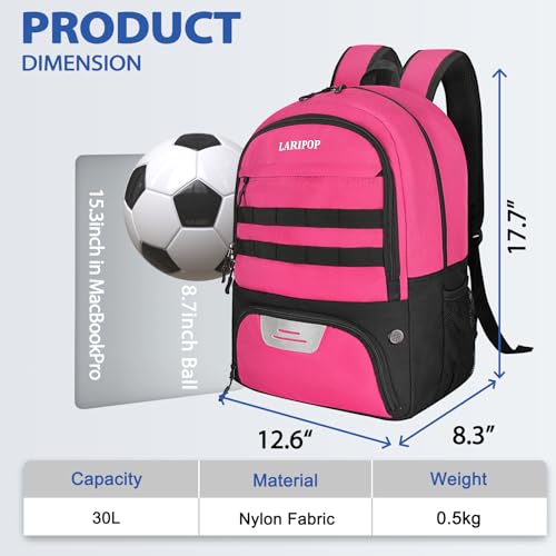 LARIPOP Soccer Backpack with Ball Holder & Shoe Compartment Large Capacity Youth Sports Bag for Training - color: Pink