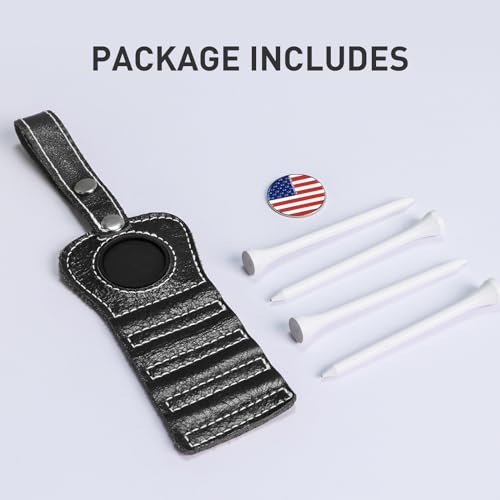 VEASAERS Golf Tee Holder with USA Ball Marker 4 Pcs White Wood Tees, Portable Hold Different Tee Leather Gift Hook Hanging Clip to Golf Bag Belt - color: Black