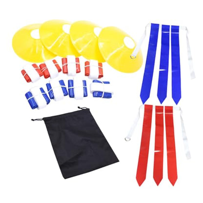 SUPVOX Flag Football Belt Set with 10 White Adjustable Rugby Waist Belts and 30 Flags, Includes 4 Marker Cones and Black Drawstring Bag, Youth Football Training and Outdoor Game Equipment