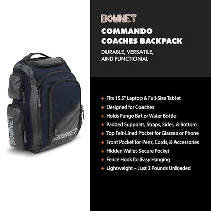 Bownet Commando Coaches Bat Bag – Baseball & Softball Backpack with Fungo Holder, 15.5” Laptop & Tablet Pocket, Large Gear Storage, Padded Straps, Youth & Adult, Navy Blue - color: Navy Blue