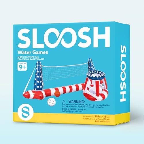 Inflatable Pool Floats Set American Flag Volleyball Net & Basketball Hoops, Swimming Pool Game Toy for Kids and Adults, Floating, Volleyball Court (105”x35”)|Basketball (27”x23”), Red White
