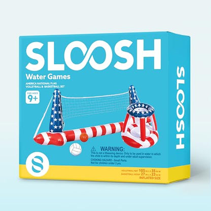 Inflatable Pool Floats Set American Flag Volleyball Net & Basketball Hoops, Swimming Pool Game Toy for Kids and Adults, Floating, Volleyball Court (105”x35”)|Basketball (27”x23”), Red White