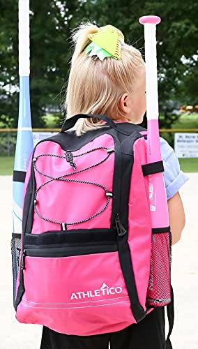 Athletico Youth Baseball Bag - Bat Backpack for Baseball, T-Ball & Softball Equipment & Gear | Holds Bat, Helmet, Glove | Fence Hook - color: Pink