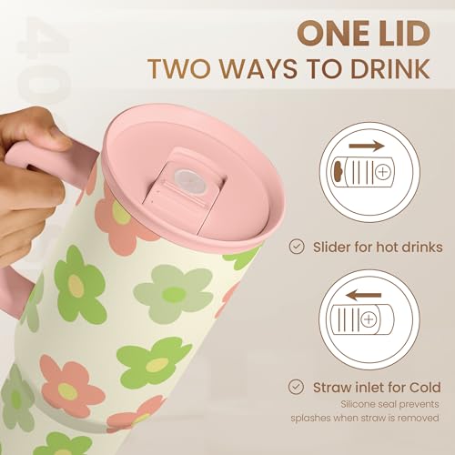 SANDJEST Daisy Tumbler with Handle 40oz, Floral Cup Stainless Steel Insulated Tumblers Coffee Travel Mug with Straw, Flower Cups Gifts for Women Girls Teens Birthday Christmas - color: Daisy