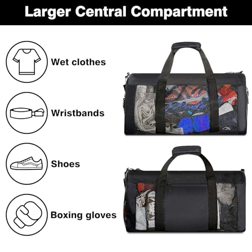 Boxing Gym Bag, WITSTEP Mesh Boxing Duffle Bag with Detachable Shoulder Strap Breathable Gym Duffle Bag for Sweaty Clothes and Equipment, Sturdy Wrestling Karate MMA Workout Bag for Men Women