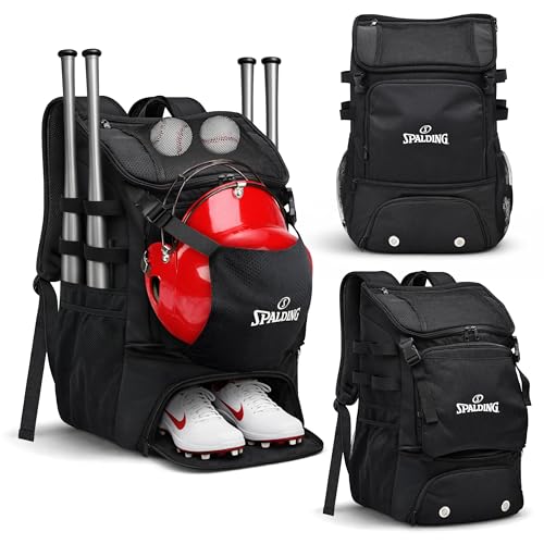 Spalding Baseball Backpack Baseball Bag | Youth & Adult Large Backpack with Compartment for Tball Softball Sports Gear | Fits Bat Glove Shoes Ball Helmet | Waterproof Adult Bat Bag Softball Gift - color: Black