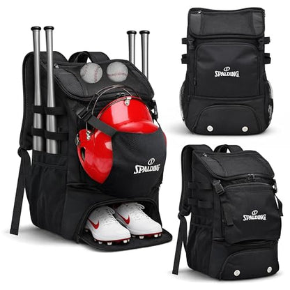 Spalding Baseball Backpack Baseball Bag | Youth & Adult Large Black Backpack with Compartment for Tball Softball Sports Gear | Fits Bat Glove Shoes Ball Helmet | Waterproof Adult Bat Bag Softball Gift