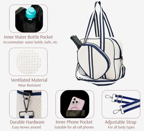 Pickleball Sports Tote Bag with Racket Holder, Neoprene, Adjustable Shoulder Strap - color: White