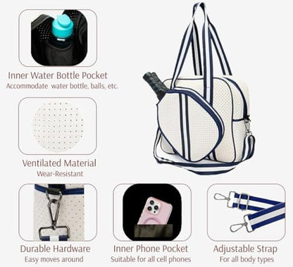 Pickleball Sports Tote Bag with Racket Holder, Neoprene, Adjustable Shoulder Strap - color: White