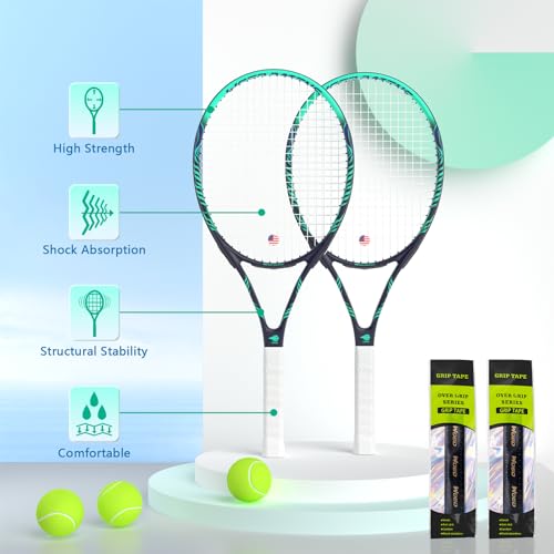 Adult 2 Player Tennis Racket Perfect for Beginner and Professional Players, 27” Speed Tennis Racquet Include Tennis Balls, Overgrips, Tennis Bag, Vibration Dampe, Cover - color: 2 Pcs Green