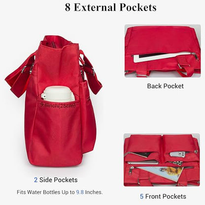 VOLGANIK ROCK Canvas Tote Bag Waterproof Nylon Multi Pocket Shoulder Bags Laptop Work Bag Teacher Purse Handbag for Women Men - color: Red