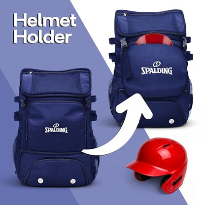 Spalding Baseball Backpack Baseball Bag | Youth & Adult Large Backpack with Compartment for Tball Softball Sports Gear | Fits Bat Glove Shoes Ball Helmet | Waterproof Adult Bat Bag Softball Gift - color: Navy