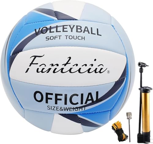 Beach Volleyball Official Size 5 with Pump, Soft Leather Volleyball for Outdoor Indoor Game, Gift for Unisex Adult - color: Blue/White