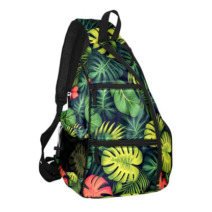 Pickleball Bag Tropical Leaves Pickle Ball Backpack for Women Men Premium Lightweight Crossbody Sling Bag Sports Backpack for Pickleball Paddle Tennis - color: Tropical Leaves Green