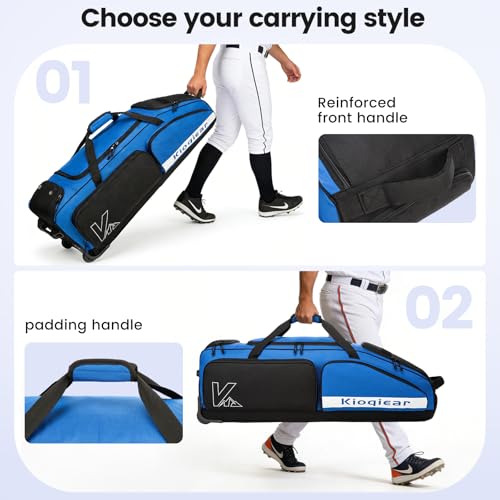 Catchers Gear Bag with Wheels for 4 Bats, Rolling Baseball Softball Bag With Multi-Pockets, Fence Hook, Holds All Baseball Equipment. - color: Blue