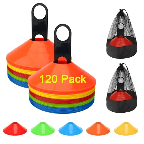 BIRDDIE 60/120 Pack Soccer Training Cones, Football Sport Cones Training Field Marker Agility Cones with Carry Bag and Holder for Drills, Basketball, Coaching, Practice Equipment, 5 Color - color: 120 Pack